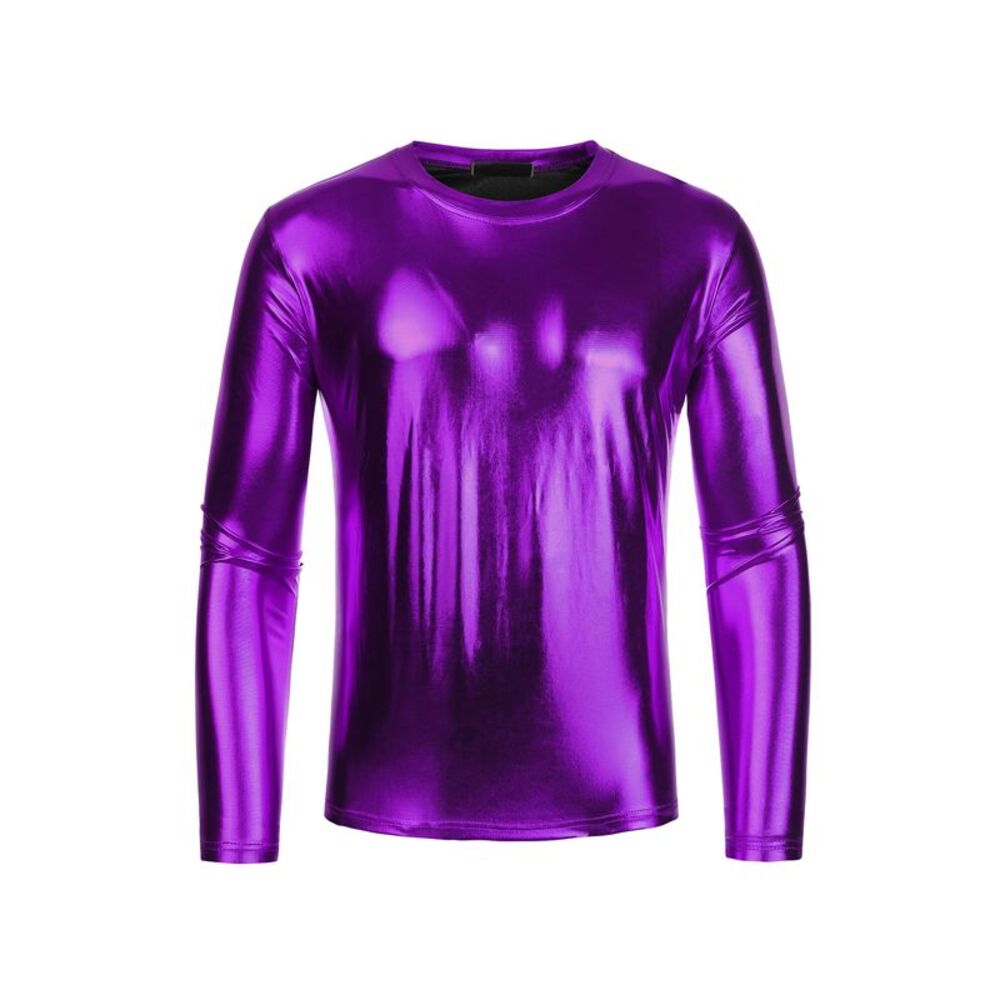 Metallic T-Shirt Round Neck Long Sleeves Shining Disco Tee Top Purple